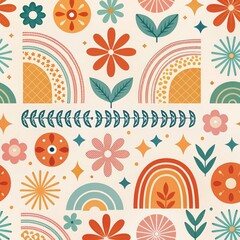 “Playful Abstract Geometric Pattern with Retro Shapes and Colorful Elements – Mid-Century Modern Style Design”