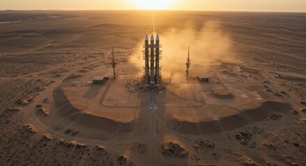 Desert launchpad at sunset featuring a three rocket assembly and support infrastructure creates a