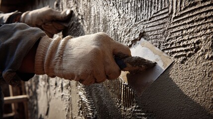 Skilled artisan applying grout to wall with trowel smoothing plaster finish construction.