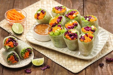 Vietnam Spring Roll. Vietnamese spring rolls, summer spring rolls, or salad spring rolls, a traditional dish in Vietnamese cuisine consisting of pork, shrimp, vegetables, bún, and other ingredients wr