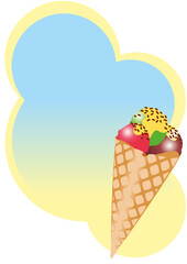 Ice cream cone with ice cream in many different colors on at blue background 