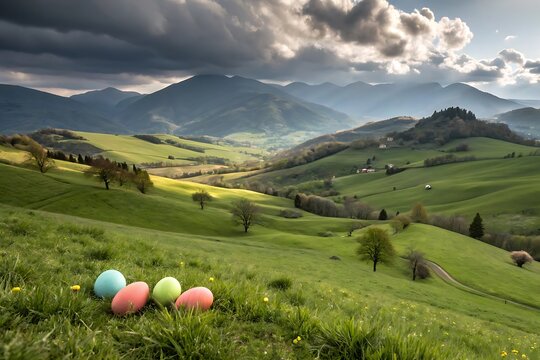 Colorful Easter eggs nestled in a lush green meadow with rolling hills and dramatic clouds