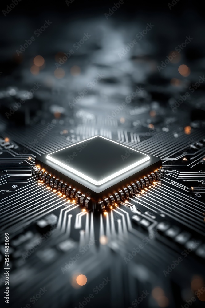 Poster high detail close-up of a glowing cpu on a futuristic circuit board