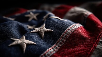 Close-up of a folded American flag fabric with detailed stitching and textures.