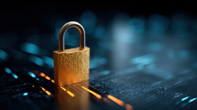 Close-up of a gold padlock on a digital grid representing cybersecurity and data protection. - Powered by Adobe