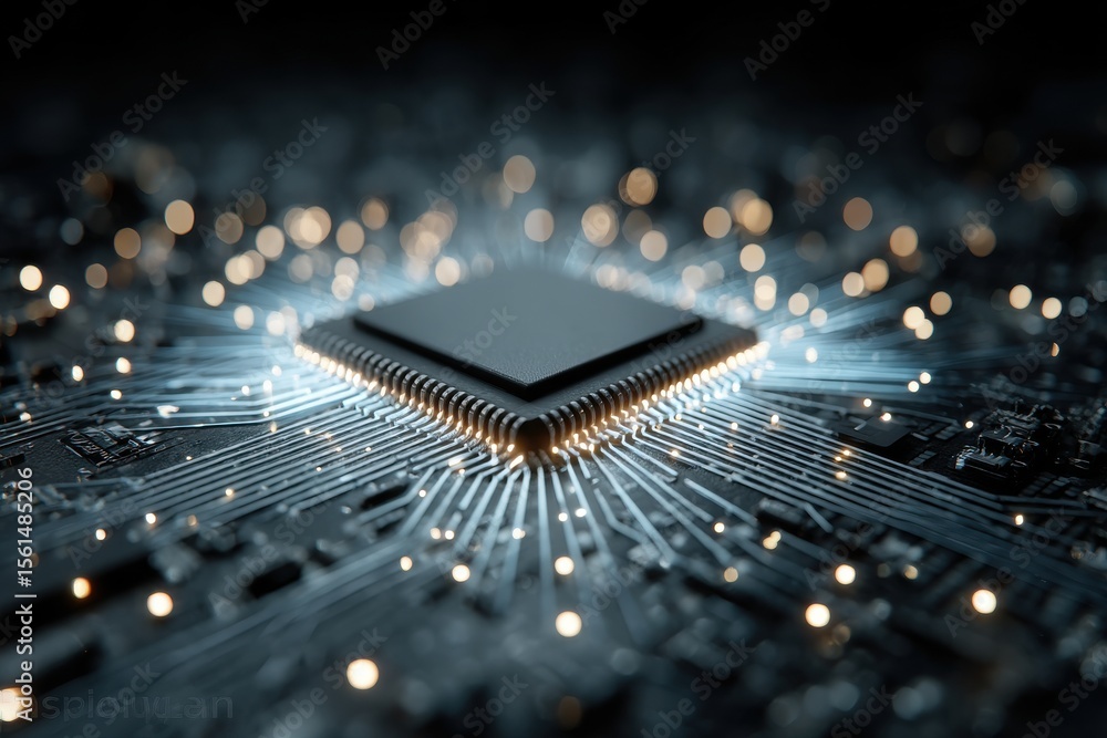 Poster microchip on illuminated circuit board with energy paths in a technological design