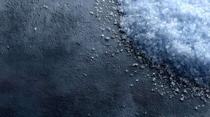 Magnesium chloride crystals dissolving on dark asphalt road, preventing ice formation and increasing winter driving safety for vehicles