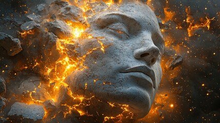 Stone face erupting in fiery destruction