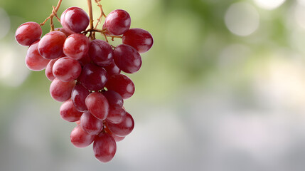Ripe red grapes clustered on vine, dangling against soft green background, highlighting natural vineyard freshness and rich agricultural landscape