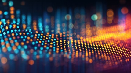 Vibrant colorful abstract background with glowing dotted wave pattern and bokeh effect.