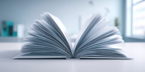 Open book with pages fanned out on a bright modern desk with blurred office background.