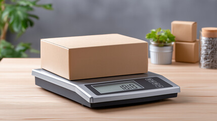 Cardboard shipping box weighing on digital scale, surrounded by packaging supplies atop rustic wooden surface