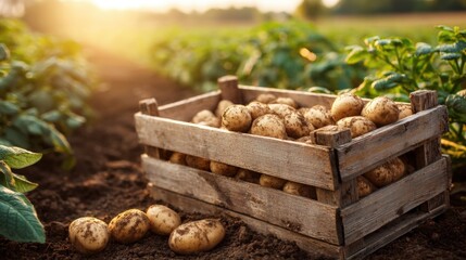 Freshly Dug Potatoes in a Wooden Crate on a Farm Field During Sunset.