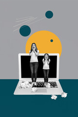 Poster image sketch pop vertical collage of happy businesswoman businessman stand laptop crumpled...