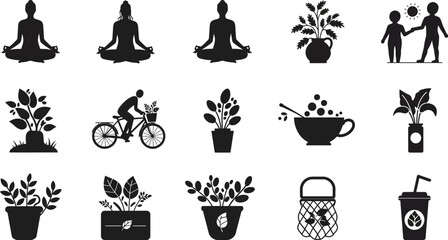 Silhouette icons depicting healthy lifestyle choices: yoga, cycling, plants, tea, and children playing.