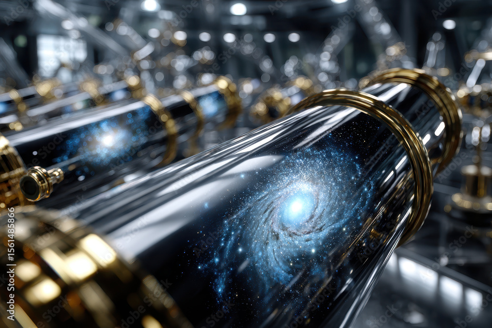 Poster exploring the cosmos through ornate telescopes in a high-tech observatory setup