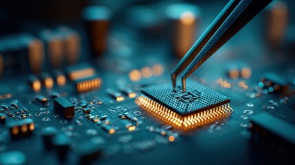 Close-up of a microchip being assembled on a circuit board with tweezers in a tech manufacturing environment.