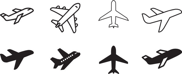 Set of airplane icons in various styles, representing air travel, vacation, transportation, global connectivity, and aviation-themed design elements for diverse projects.