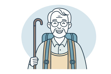 Senior Traveler Portrait: A cheerful senior man with glasses, backpack, and walking stick.