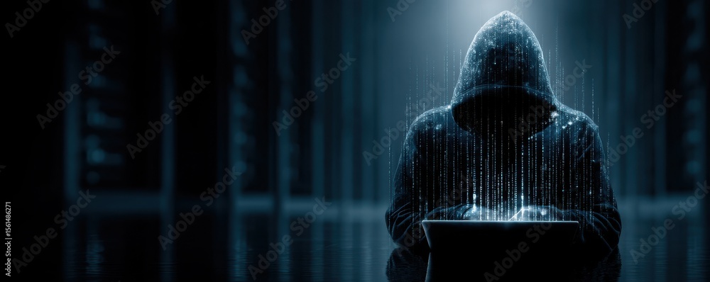 Poster hacker in dark environment with code rain and blue digital effects