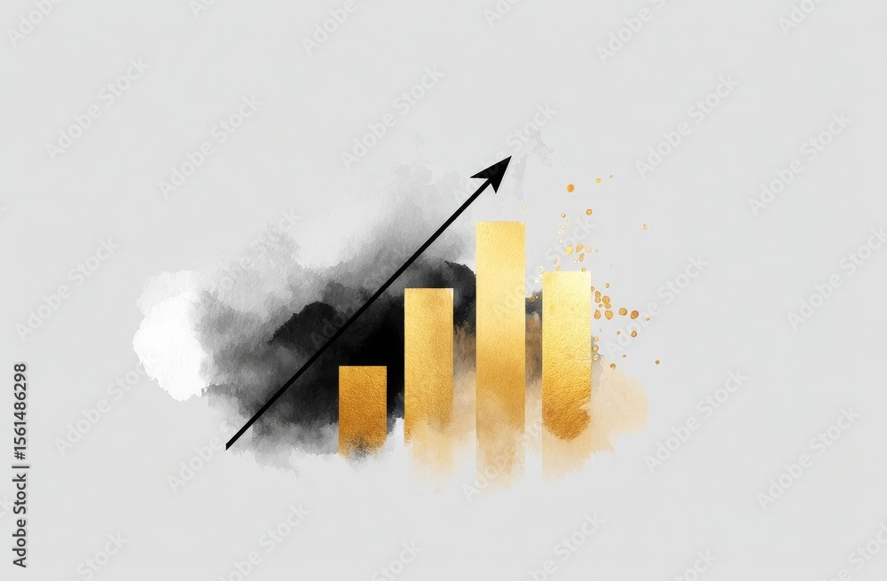 Poster a graph that is monochrome in color, complete with upward-pointing arrows and bar charts, is used to