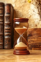 Vintage hourglass rests beside old books on a wooden table