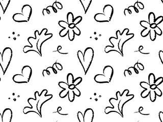 Doodle seamless pattern with hand drawn black sketch elements, Includes playful hearts, curlicues, scribbles, lines, flowers, leaves, dots on white background. Crayon style texture with a fun