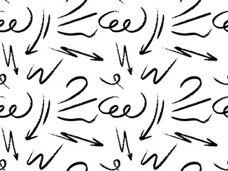 Seamless vector pattern with abstract hand drawn scribbles, swirls, arrows, curve textured lines. Rough crayon and brush stroke elements create a playful and expressive style. Perfect for modern