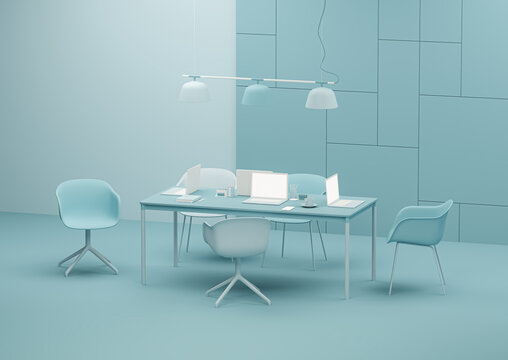 Business teamwork concept on pastel blue background. Employee working on computer. There are desktops on the tables. Creative interior design. 3d render	