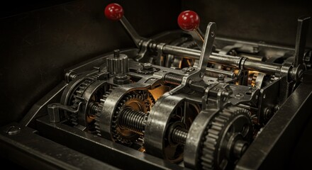 Obraz premium Detailed close-up of intricate mechanical calculator gears and lever system with a vintage look