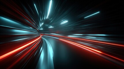 Long exposure night road with streaks of light from moving vehicles in a tunnel.