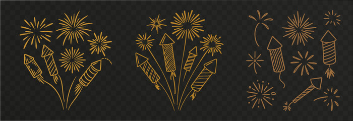 Vector golden fireworks. Golden fireworks on isolated transparent background. Fireworks png. Holiday fireworks. Festive background.