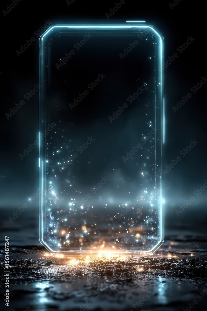 Aufkleber futuristic glowing hologram display floating on a dark illuminated surface