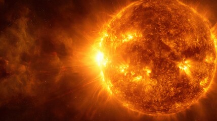 Obraz premium Intense Solar Explosion with Bright Flare and Sunspots in Space Scene.