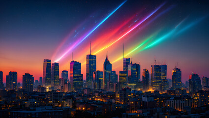 Fototapeta premium Modern City Skyline at Twilight with Vibrant Rainbow Light Streaks and Starry Night Sky