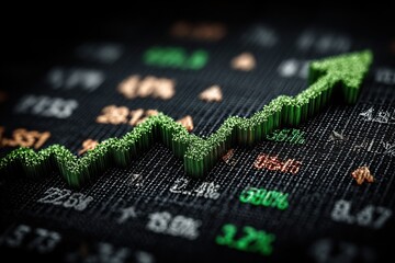 Green upward arrow rising over financial data representing growth or profit