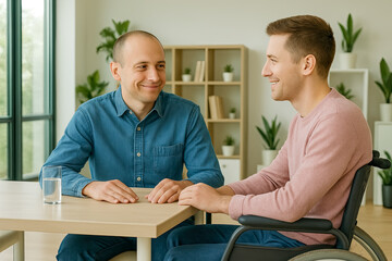 Supportive conversation between two men, one in wheelchair, in modern interior