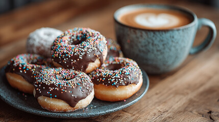 A plate of donuts with chocolate frosting and sprinkles next to a cup of coffee on a wooden table