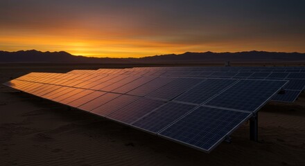 Solar panels gleam at dusk, harnessing energy against a backdrop of majestic mountains and a warm,