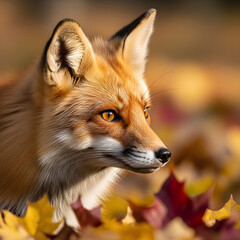 Fototapeta premium Stunning close-up portrait of a wild red fox with alert eyes, set against a vibrant, blurred background of colorful autumn leaves.