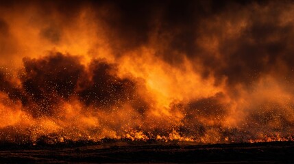 Vast wildfire burning across dry landscape with thick smoke and fiery flames.