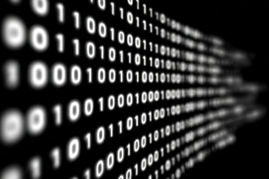 Abstract digital binary code pattern with flowing data streams in black and white style. - Powered by Adobe