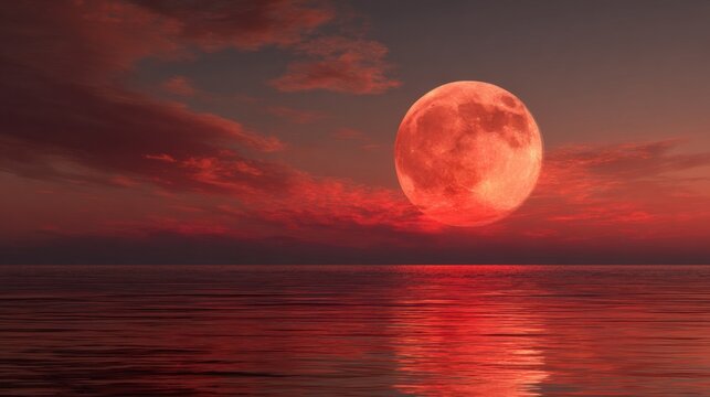 Magnificent large glowing full moon over ocean during vibrant sunset with colorful sky.