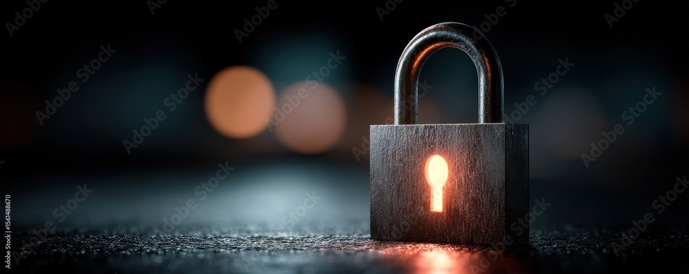 Poster illuminated padlock symbolizing security and protection in a digital environment