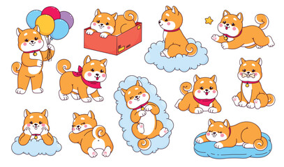 Eleven orange  white cartoon Shiba Inu puppies with different actions  accessories on white backdrop