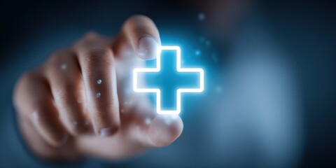 Futuristic digital health icon with glowing cross symbol and high tech interface.
