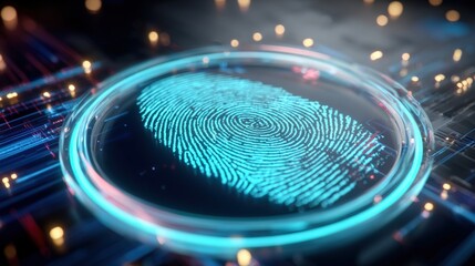 Futuristic digital fingerprint scanning technology with glowing circuit interface.