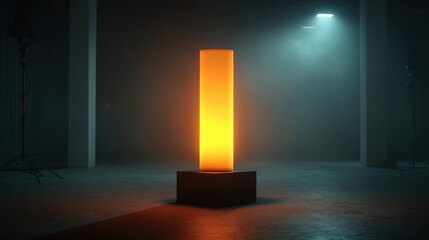 Bright orange illuminated vertical light sculpture in dark modern gallery room.