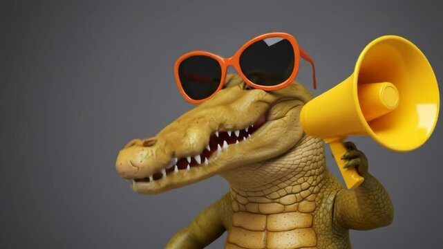 Cartoon alligator with sunglasses and megaphone against a gray background