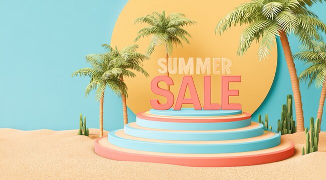 3d summer sale background template, banner, poster for product promotion. Summer sale podium on beach background with palm tree, sun. High quality